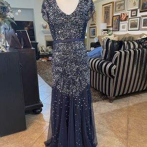 Elegant Navy Blue Sequin Evening Gown